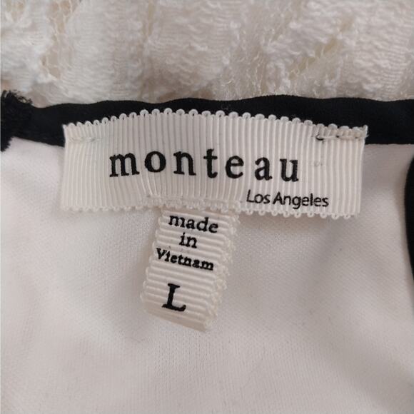 MONTEAU LOS ANGELES! BIG FLORAL LACE OVER STRETCH, CREAM & BLACK DRESS! SZ L - Picture 6 of 8